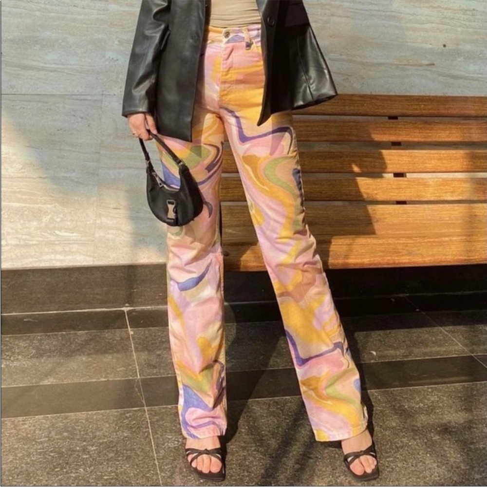 ZARA Multi-Color Swirl Print Straight Leg High Waisted